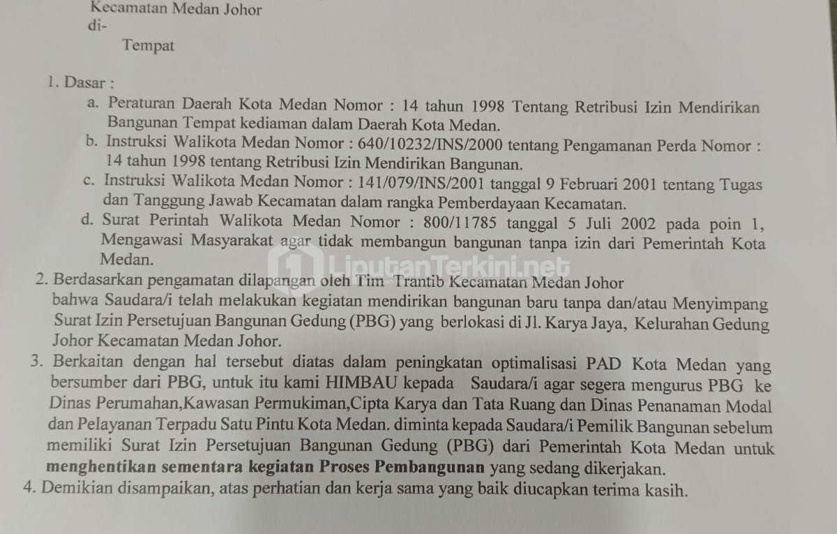 Surat Kecamatan Diduga Diabaikan, Bangunan Tanpa PBG Marak di Medan: Ada Apa dengan Pengawasan Perkim?